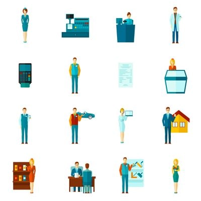 Salesman shopman and realtors figures icons flat set isolated vector illustration