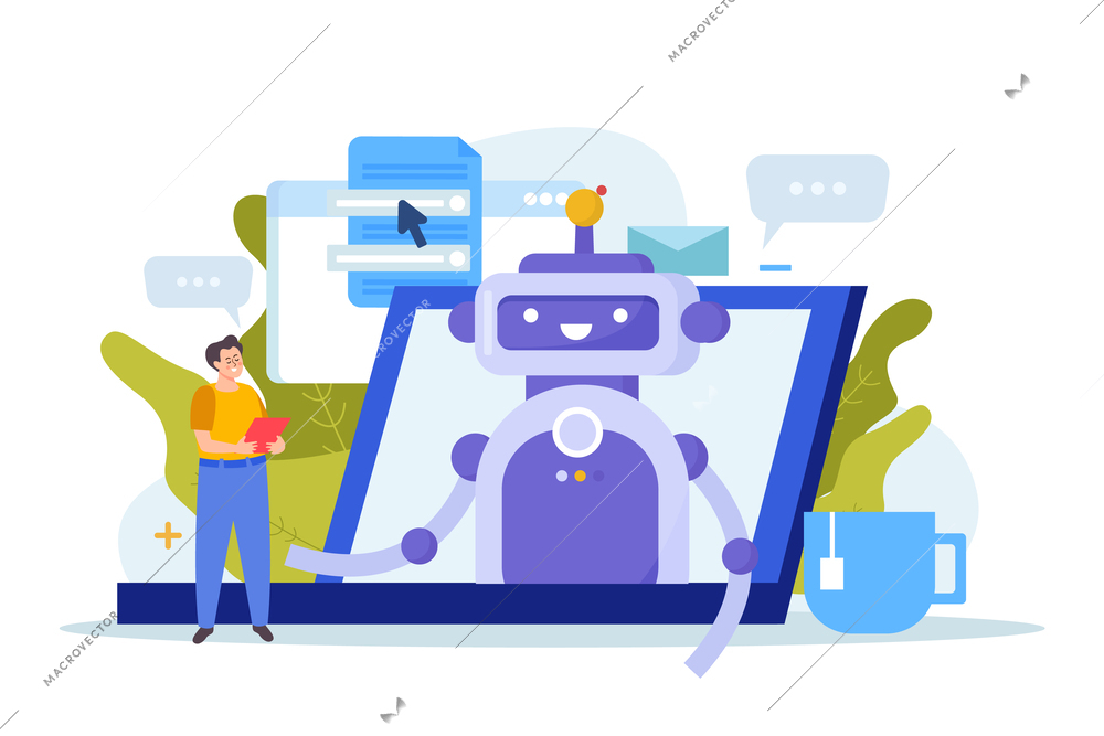 Chatbot services flat composition with man talking to cute robot on laptop screen vector illustration