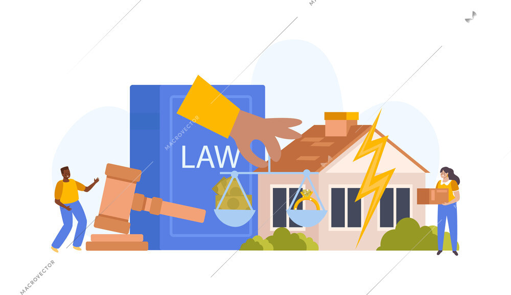 Marital property division flat composition with couple dividing possessions in divorce vector illustration