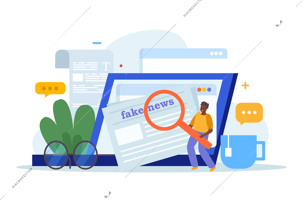 Fake news flat composition with character reading misinformation online vector illustration