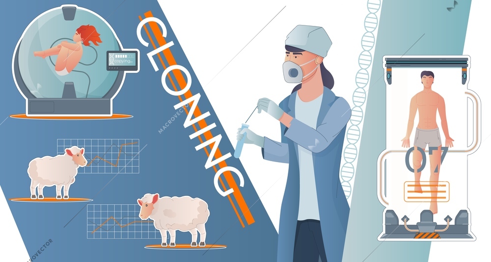 Cloning genetics composition with collage of flat images with embryo sheeps female scientist and editable text vector illustration