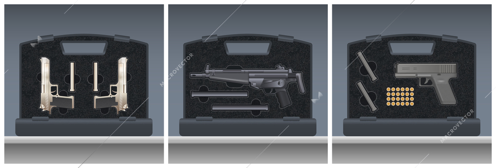 Weapon war realistic set of three square compositions with views of open cases guns and ammo vector illustration