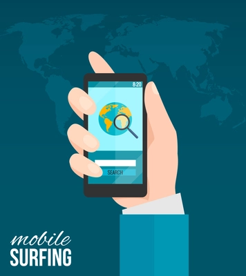 Mobile surfing concept with hand holding phone and world map on background vector illustration