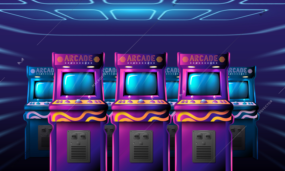 Realistic arcade game composition with indoor cyberpunk style interior and rows of vintage game playing machines vector illustration