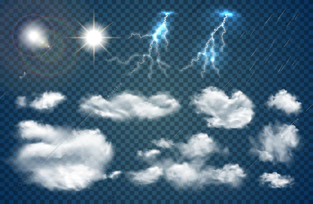 Sky realistic transparent set with clouds and sun symbols isolated vector illustration