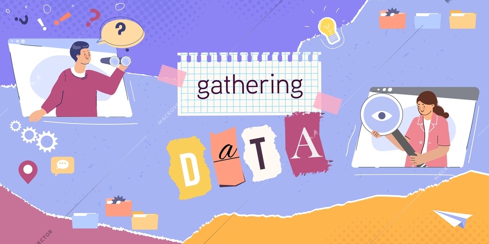 Gathering data flat collage with male and female characters searching and processing information vector illustration