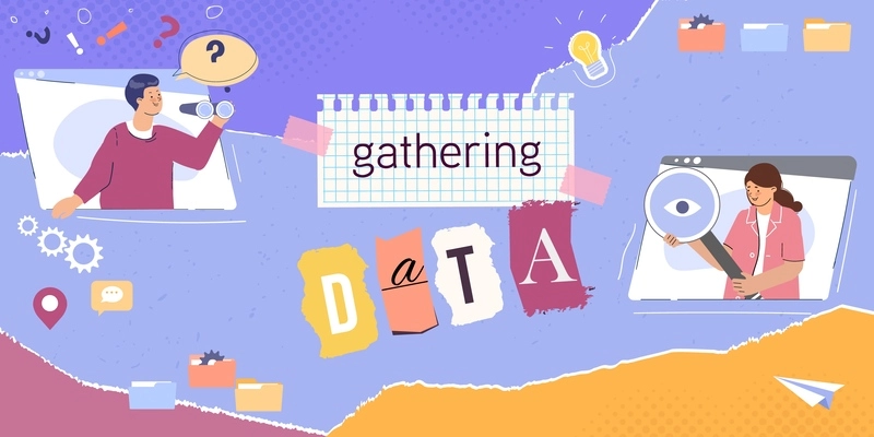 Gathering data flat collage with male and female characters searching and processing information vector illustration