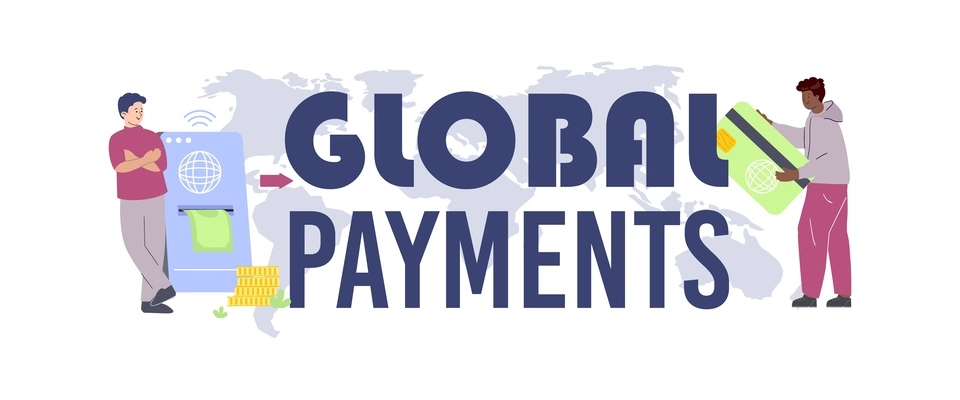 Global payments flat header text with big letters and small human characters sending and receiving transfer vector illustration