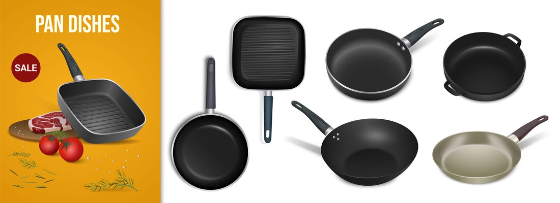 Pan dishes realistic composition with set of utensil with non stick coating for frying and cooking vector illustration