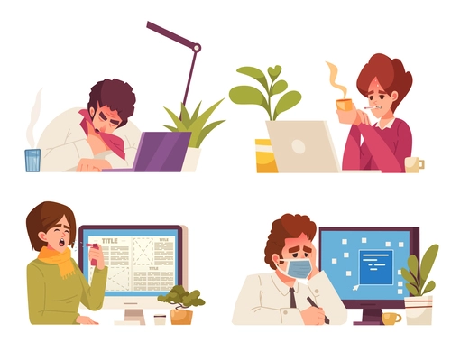 Flu cartoon composition concept set with people having virus and temperature symptoms at working place isolated vector illustration