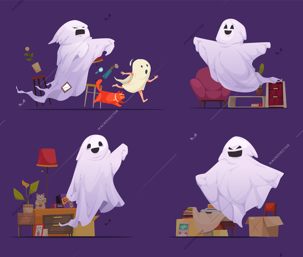 Ghost cartoon icons set with spooky creatures in home interiors isolated vector illustration