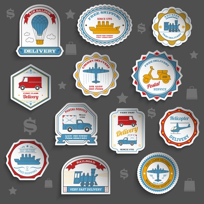 Delivery commercial shipping and transportation paper stickers set isolated vector illustration