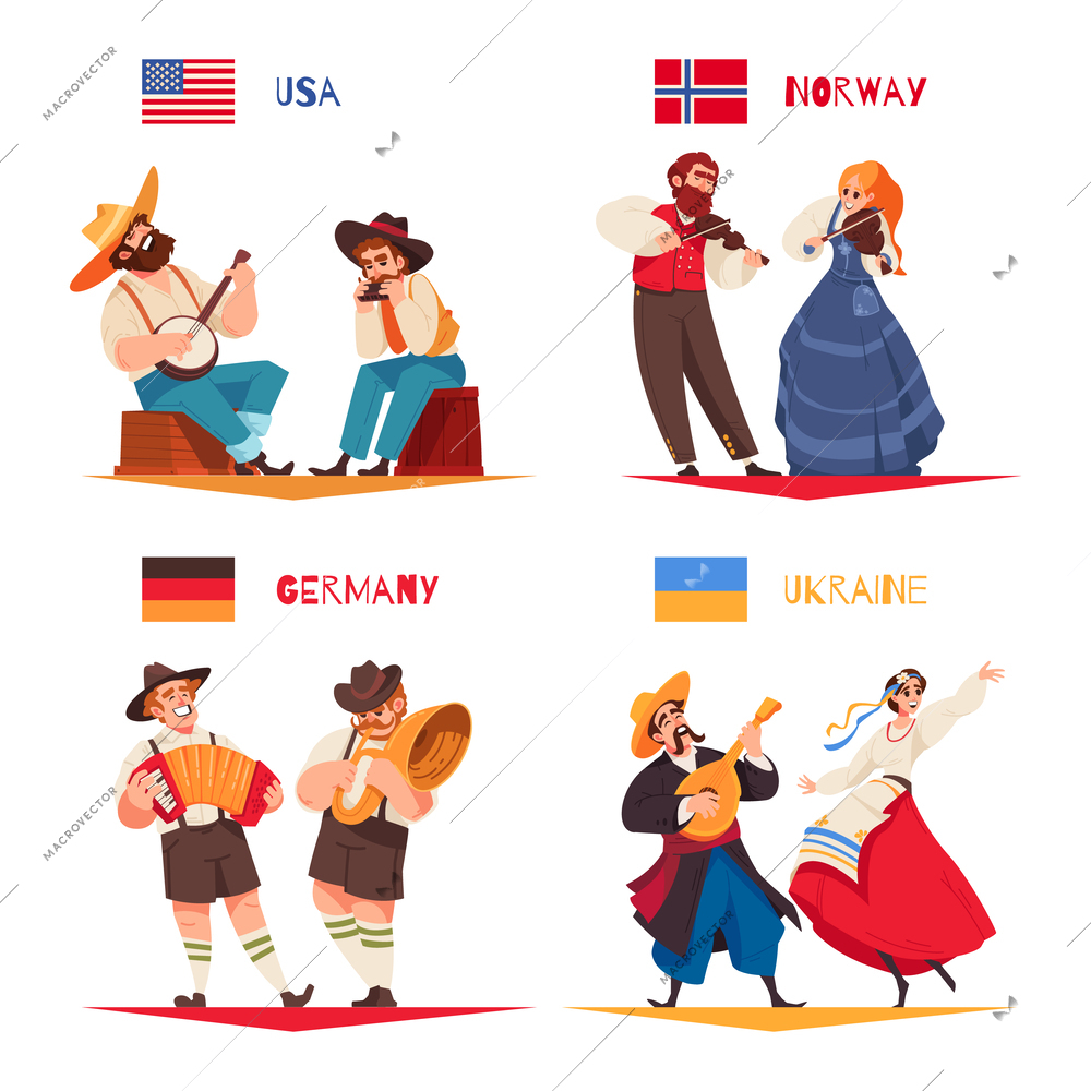 Folklore music isolated icon set with usa norway germany and ukraine couples vector illustration