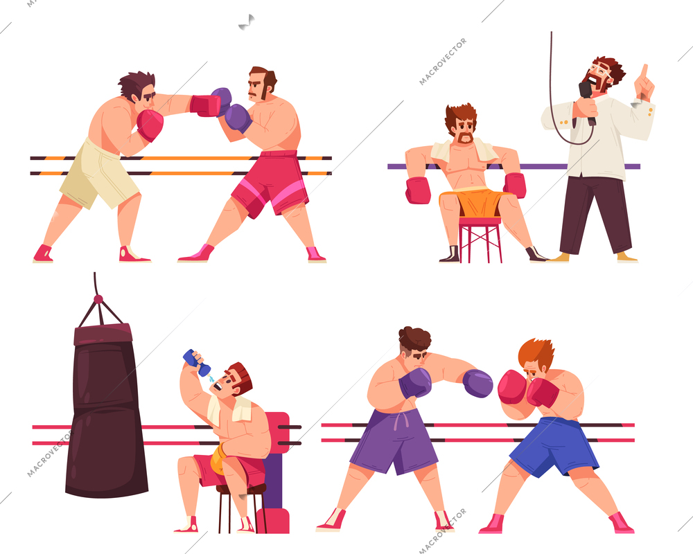 Flat boxing icon set boxers fight in the ring and rest between rounds vector illustration