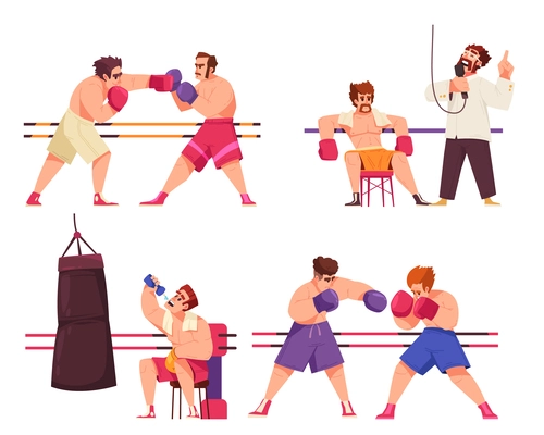 Flat boxing icon set boxers fight in the ring and rest between rounds vector illustration