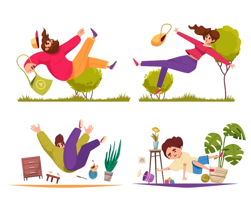 Falling people composition mini scenes of people falling in different situations set vector illustration