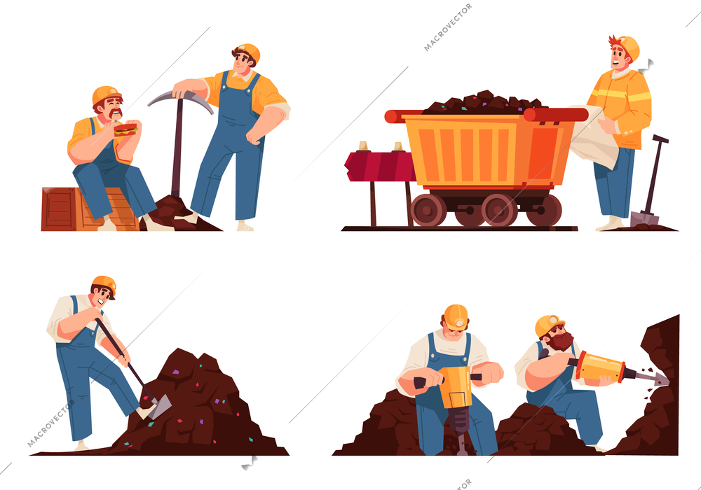 Mining isolated and colored icon set workers at lunch resting and digging vector illustration