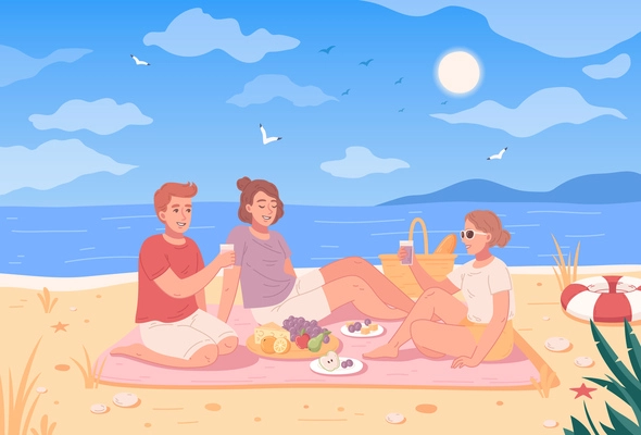 Beach activities flat cartoon with people having summer picnic on seashore vector illustration