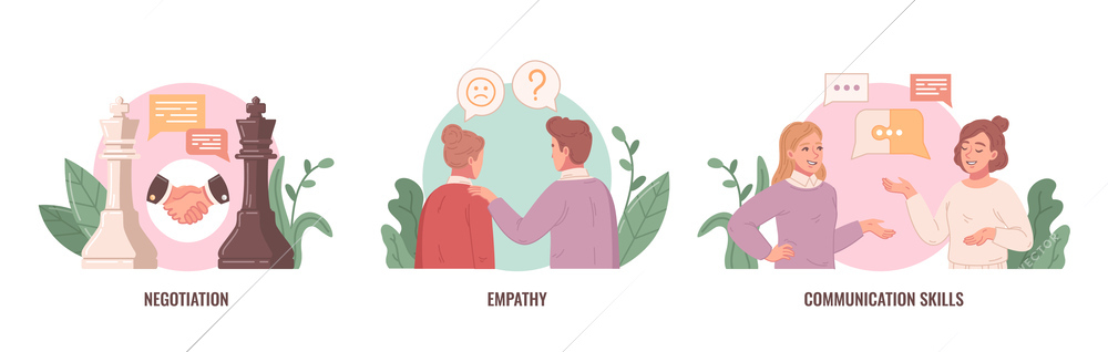 Conflict resolution flat cartoon set with negotiations and empathy symbols isolated vector illustration