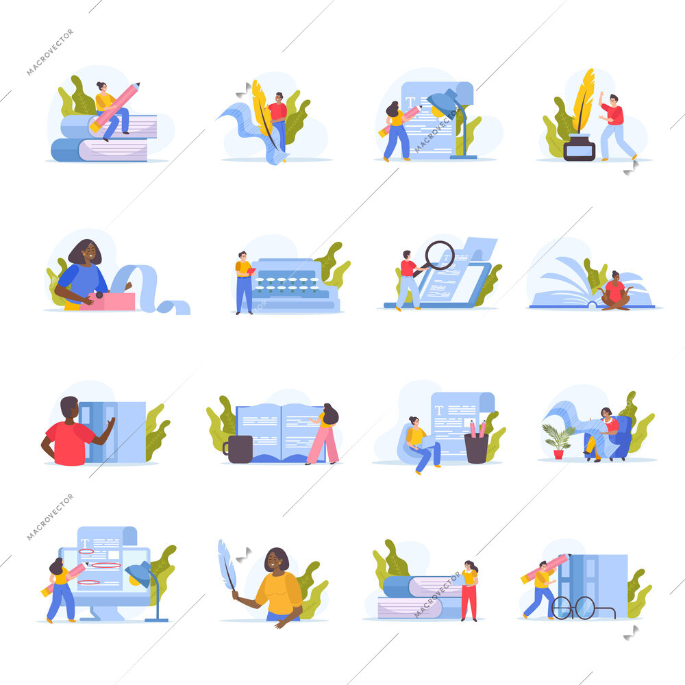 Writer flat set of isolated icons with fresh leaves books ink wells and doodle human characters vector illustration