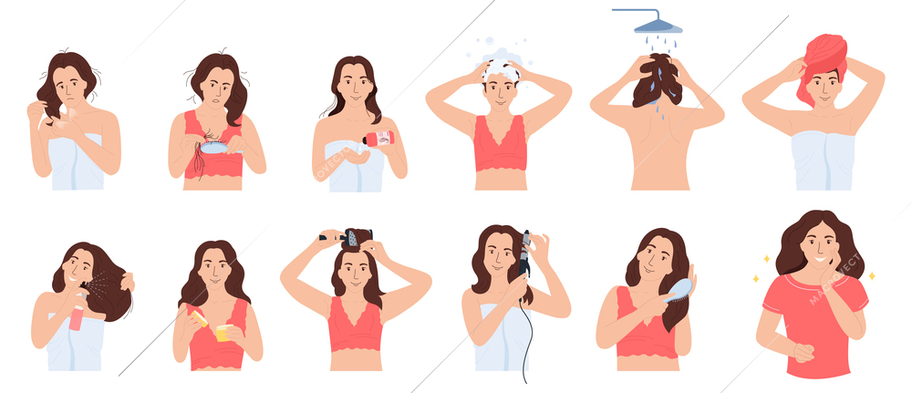 Hair care routine flat icons set of girl characters applying beauty caring products blow dry hair and hairstyle styling isolated vector illustration