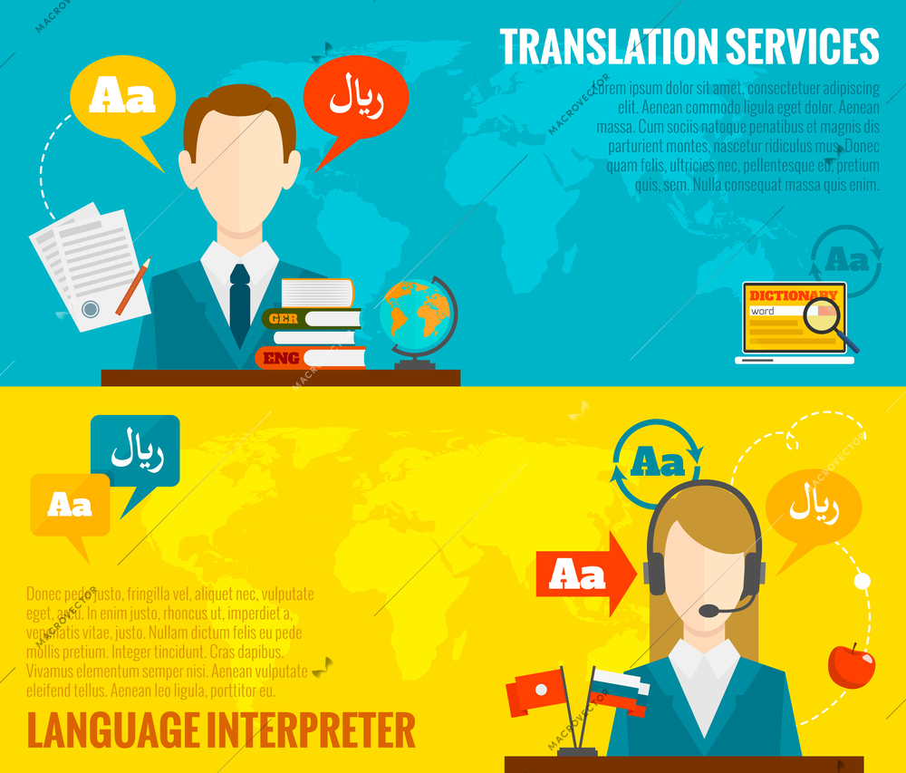 Face to face synchronic translation services and international court legal interpreting flat banners set abstract vector illustration