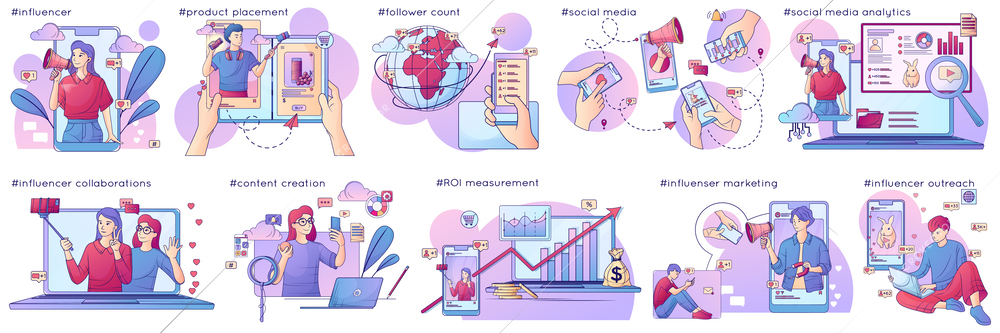 Influencer marketing flat line set of isolated compositions with smartphones laptops social media icons and people vector illustration