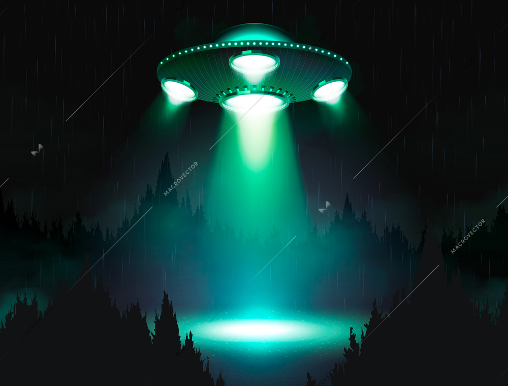 Ufo spaceship realistic poster with alien spacecraft under night forest vector illustration