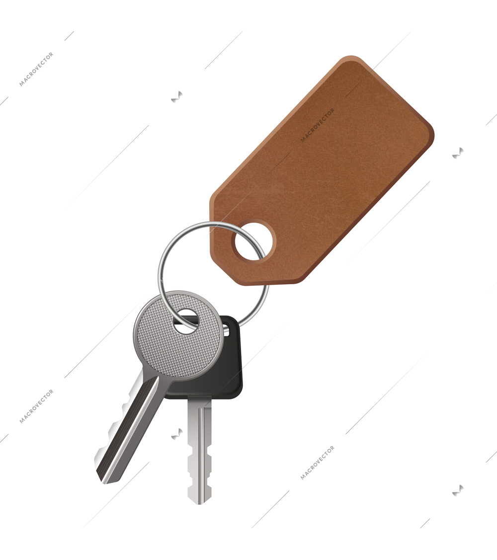 Realistic keys with leather pendant isolated on white background vector illustration