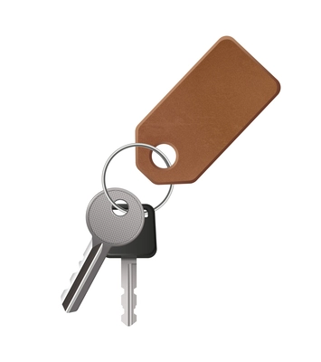 Realistic keys with leather pendant isolated on white background vector illustration