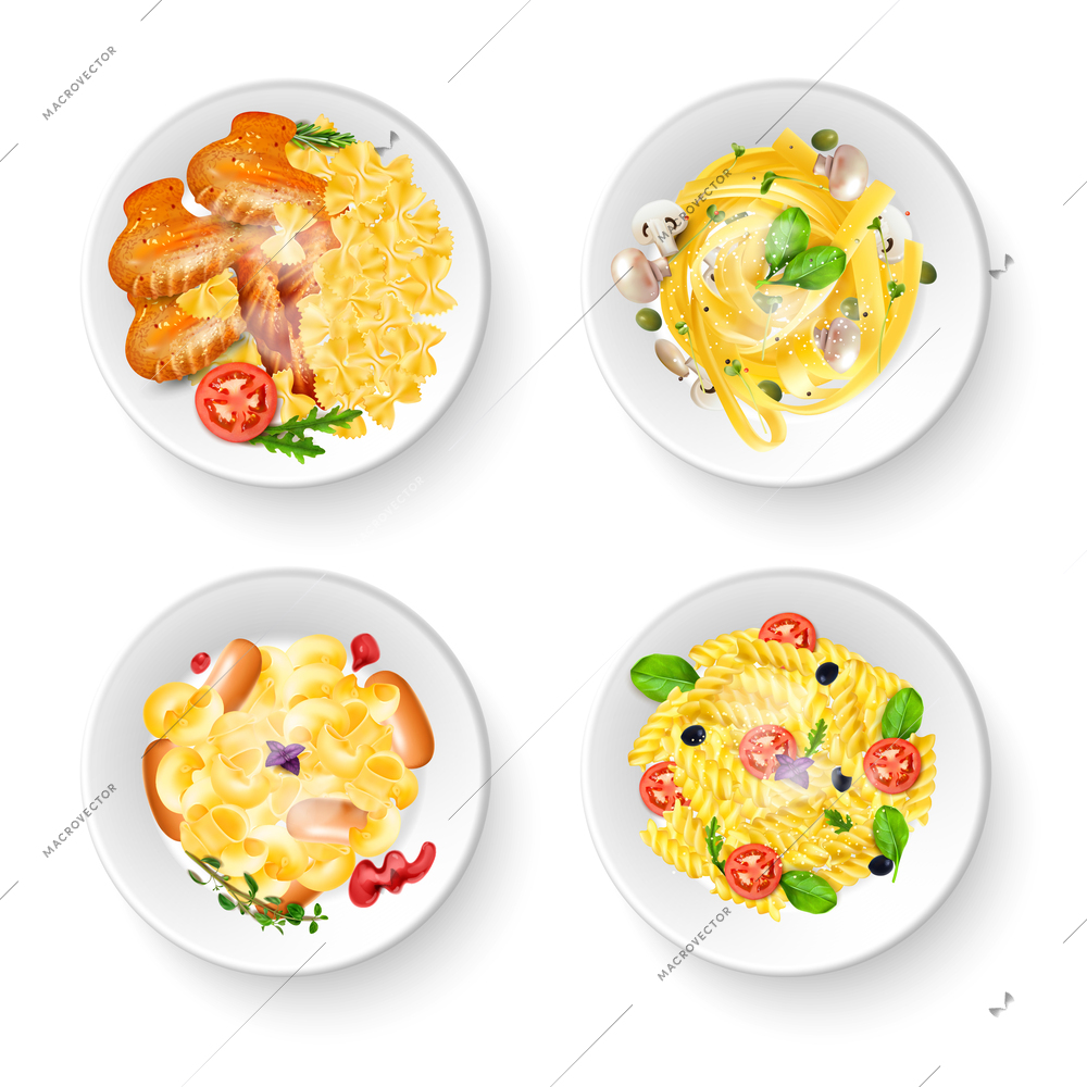 Realistic set of four delicious dishes with italian pasta meat vegetables and mushrooms top view isolated vector illustration