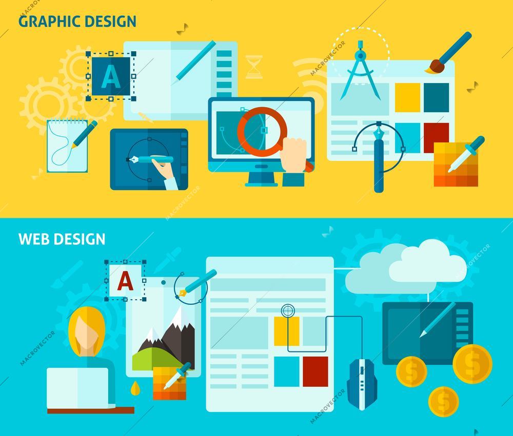 Graphic and web design horizontal banner set with flat elements isolated vector illustration