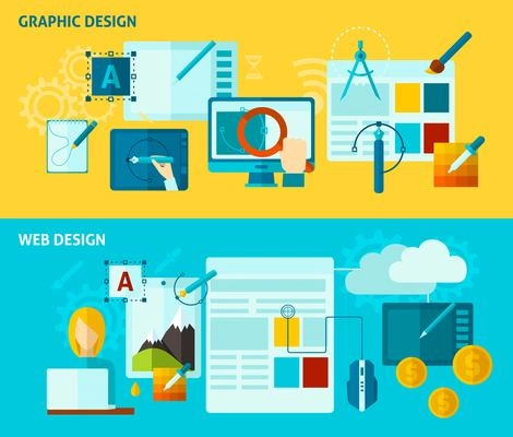 Graphic and web design horizontal banner set with flat elements isolated vector illustration