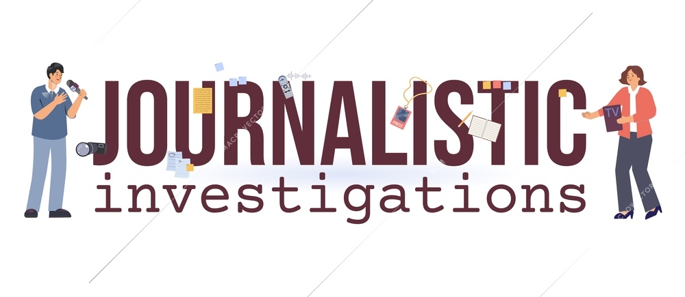 Journalistic investigations flat text composition with human characters of man and woman with sticky notes badges vector illustration