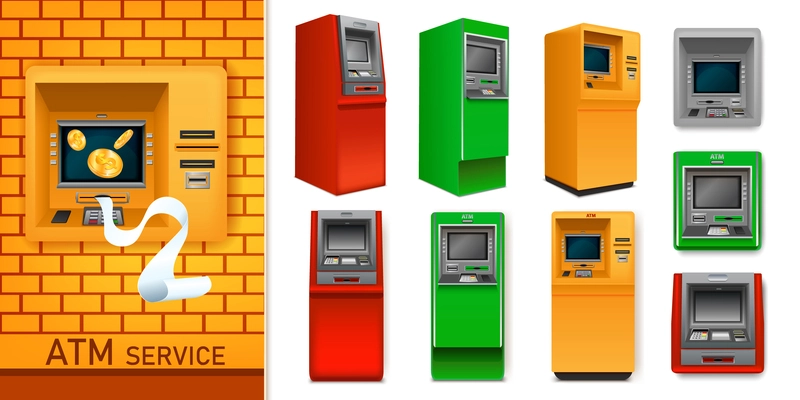 Atm service composition with machines of different colours isolated on white background vector illustration