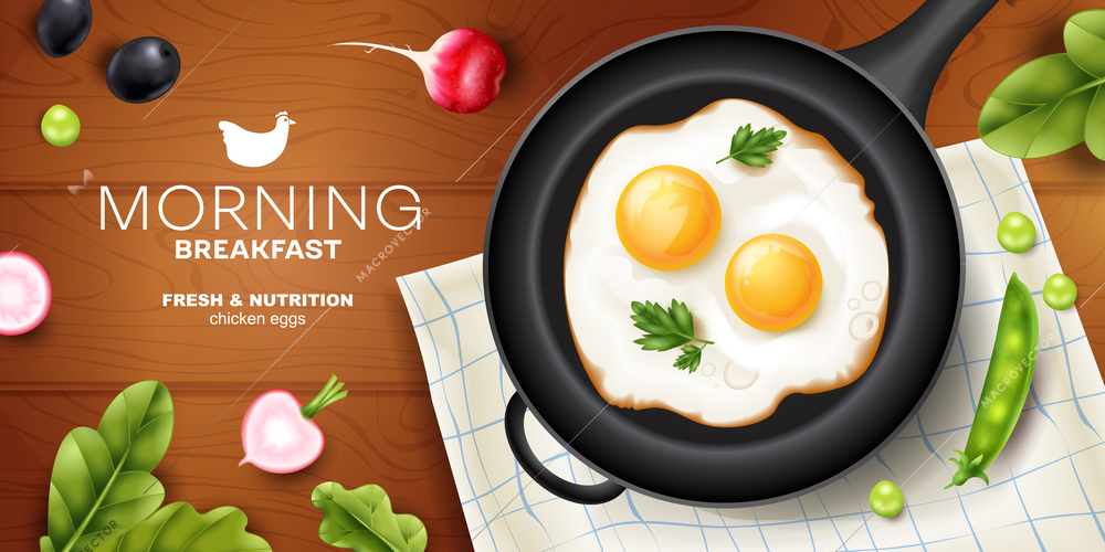 Healthy breakfast realistic horizontal ad poster with fried eggs on frying pan fresh vegetables and herbs vector illustration