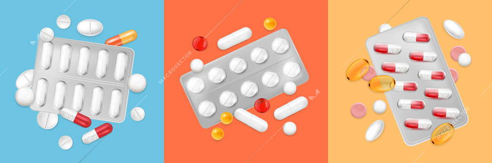 Realistic pills capsules set of three square compositions with bunches of medical drugs and silver blisters vector illustration