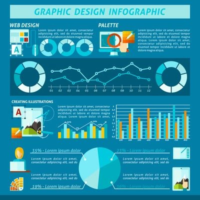 Graphic design infographic set with art web studio work symbols and charts vector illustration