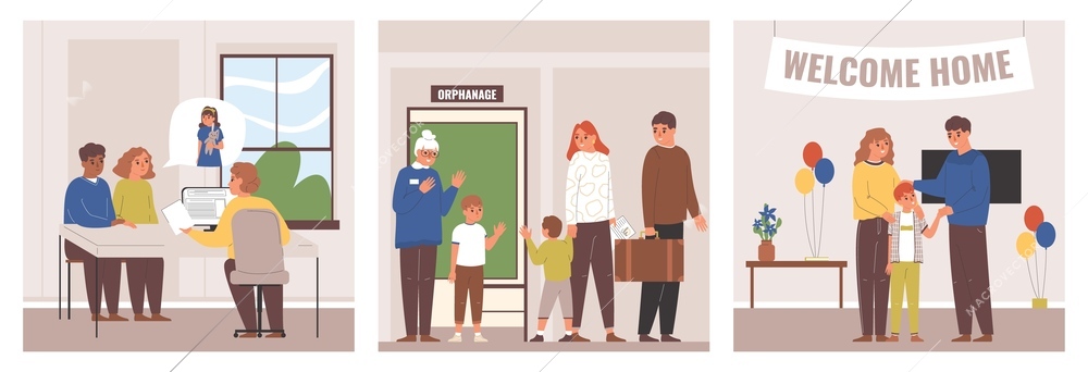 Child adoption set family adopting boy from orphanage and welcoming him home flat isolated vector illustration