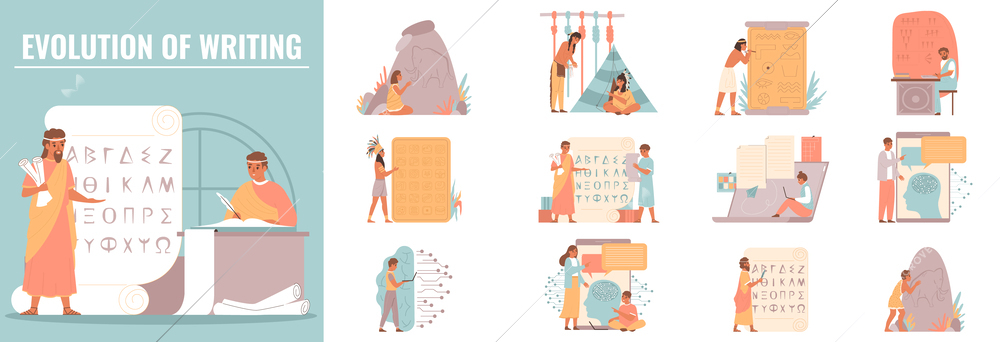 Evolution of writing flat composition set with ancient and modern writers isolated vector illustration