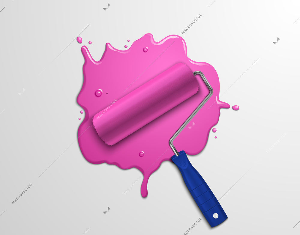 Realistic painter roller with blot of pink paint on grey background vector illustration