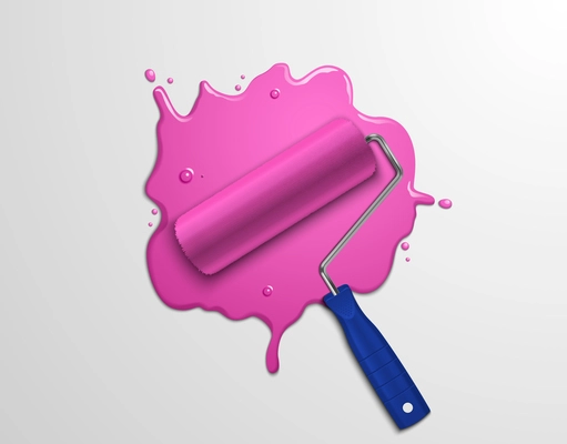 Realistic painter roller with blot of pink paint on grey background vector illustration