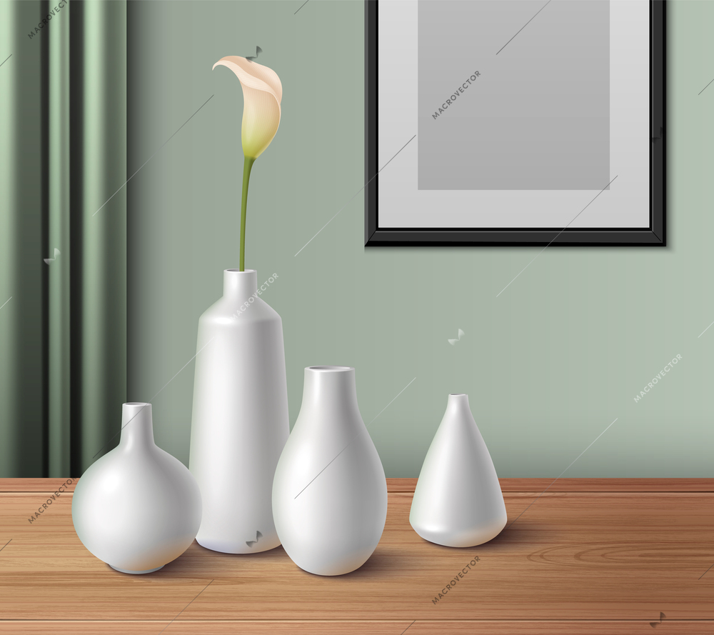 White ceramic porcelain vases of different size and shape on wooden table realistic composition with blank photo frame vector illustration