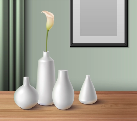 White ceramic porcelain vases of different size and shape on wooden table realistic composition with blank photo frame vector illustration