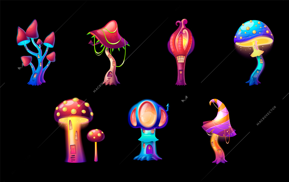 Glowing magic mushroom houses with little doors and windows for fantasy creatures cartoon set on black background isolated vector illustration