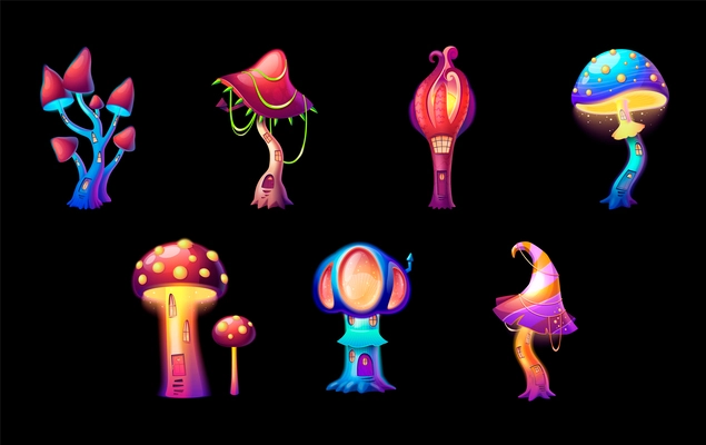 Glowing magic mushroom houses with little doors and windows for fantasy creatures cartoon set on black background isolated vector illustration