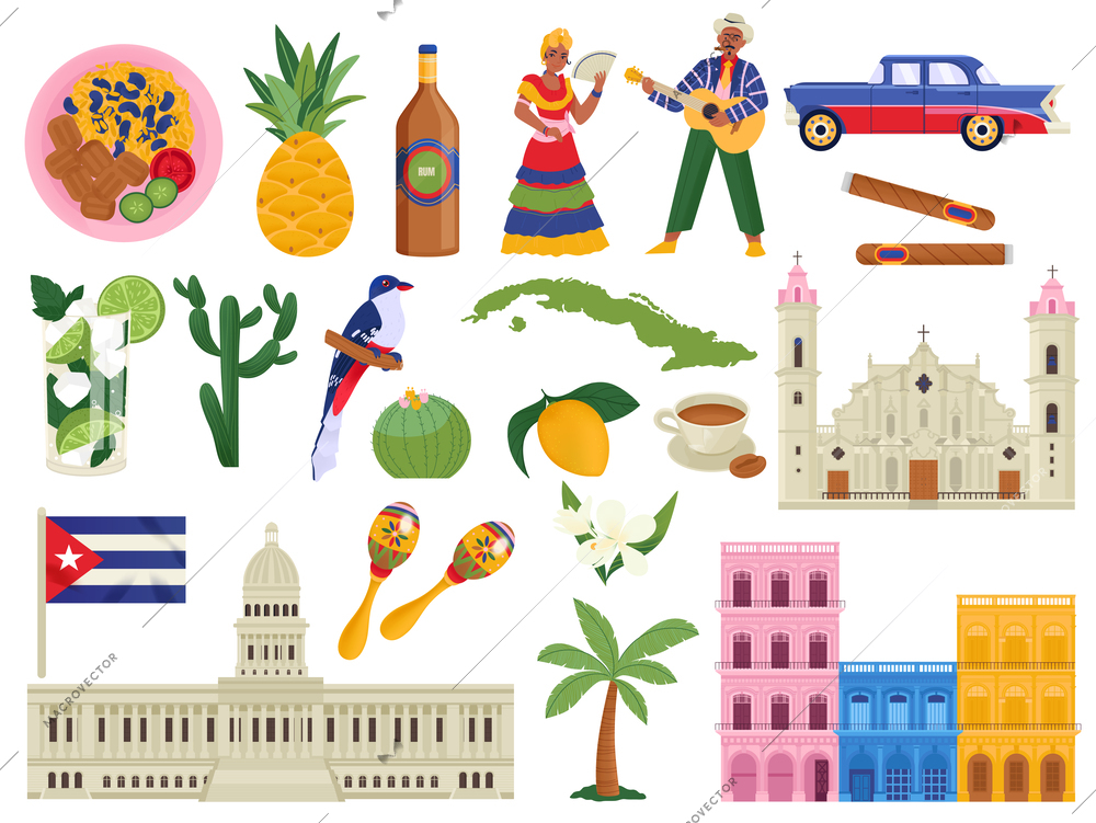 Cuba flat icons set of cuban symbols national dishes landmarks people fauna and flora isolated vector illustration