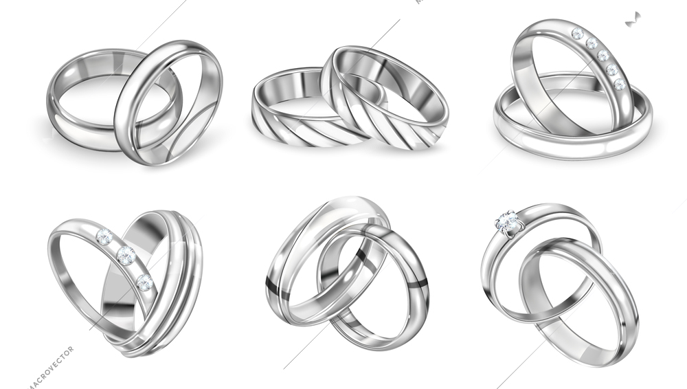 Realistic silver rings set of isolated images with luxury monochrome rings in pairs on blank background vector illustration