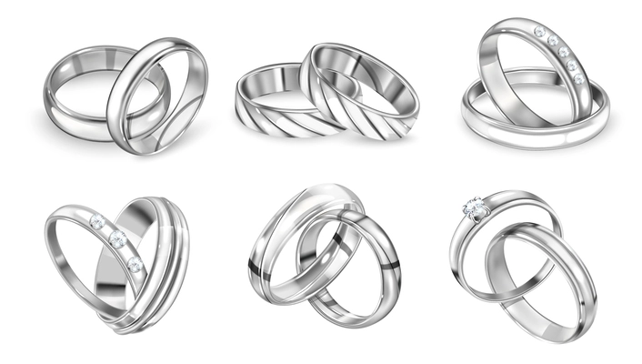 Realistic silver rings set of isolated images with luxury monochrome rings in pairs on blank background vector illustration