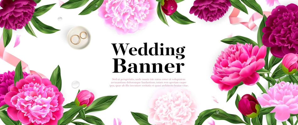 Realistic horizontal wedding banner with pink peony flowers and pair of rings vector illustration